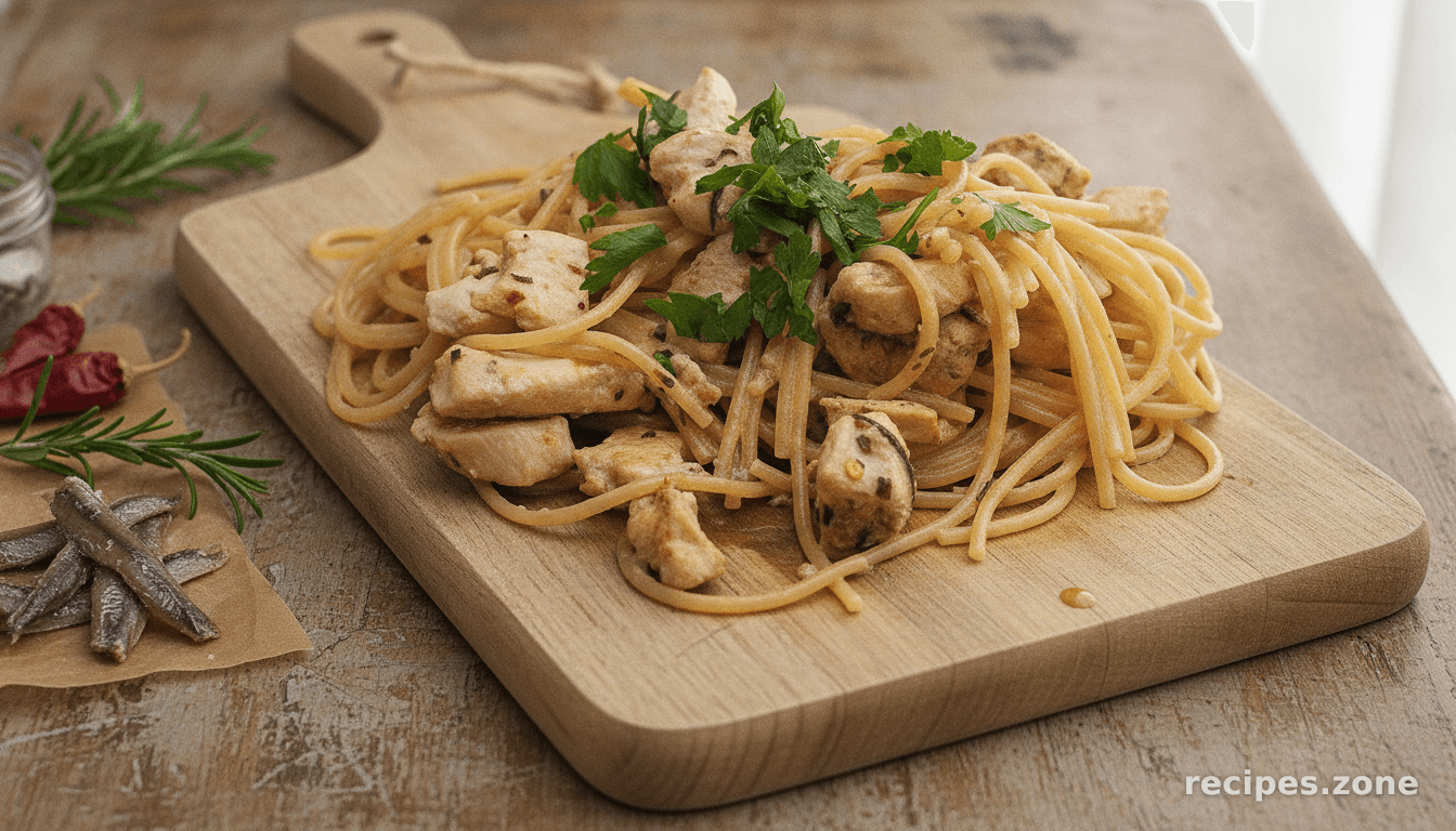 Chicken Pasta With Anchovy Rosemary Sauce