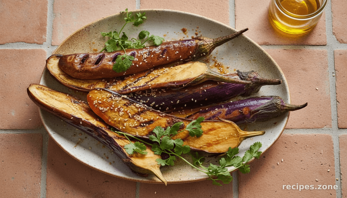 Griddled aubergines with sesame dressing