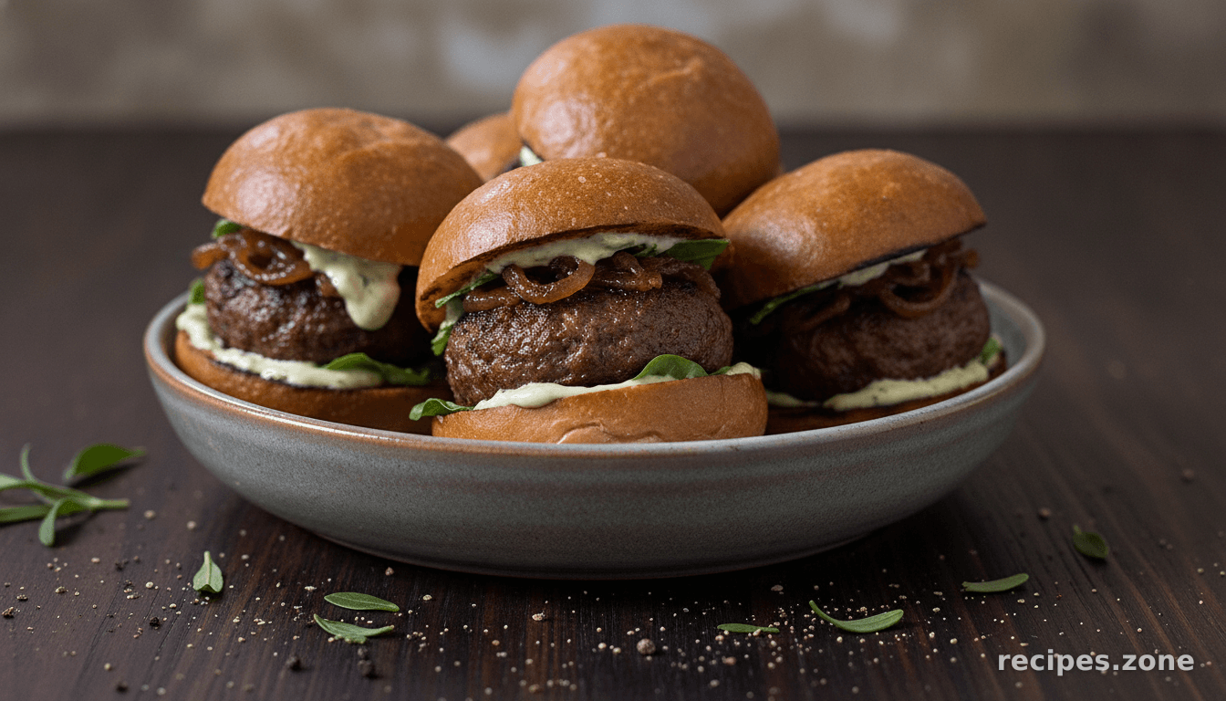 Kobe Beef Sliders With Tarragon Aioli and Caramelized Onions
