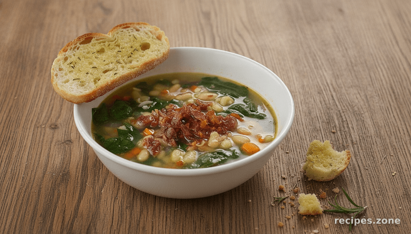 White Bean and Garlic Soup with Spinach and Crispy Prosciutto and Rosemary-Garlic Toasts