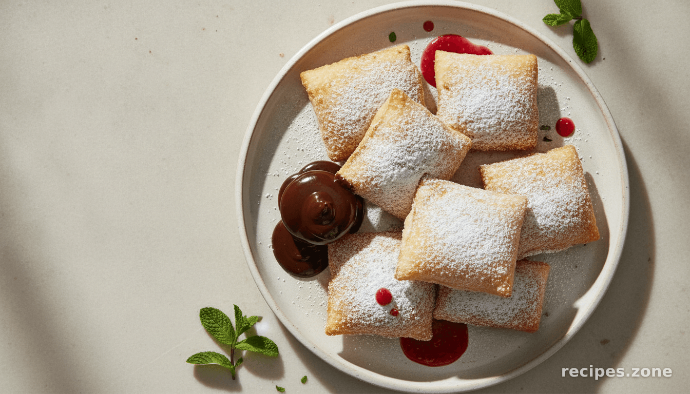 Powdered Buttermilk Beignets With Raspberry and Chocolate Dipping Sauce