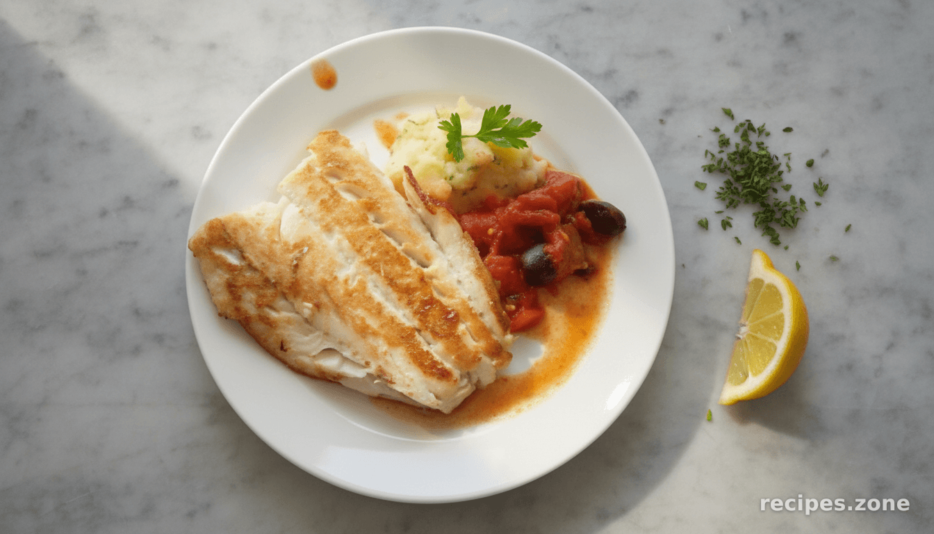 Cod with Tomato-Olive-Chorizo Sauce and Mashed Potatoes