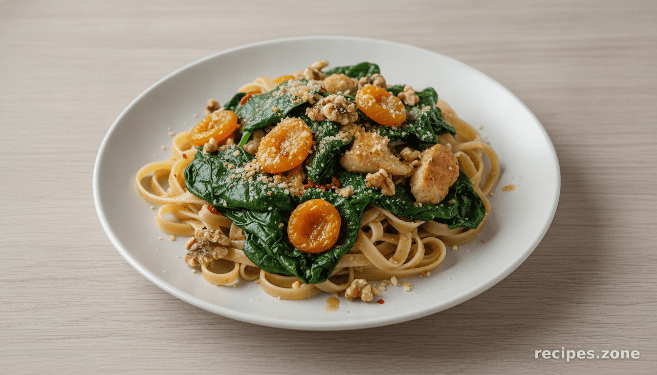 Baby Spinach With Fettuccini, Apricots & Walnuts