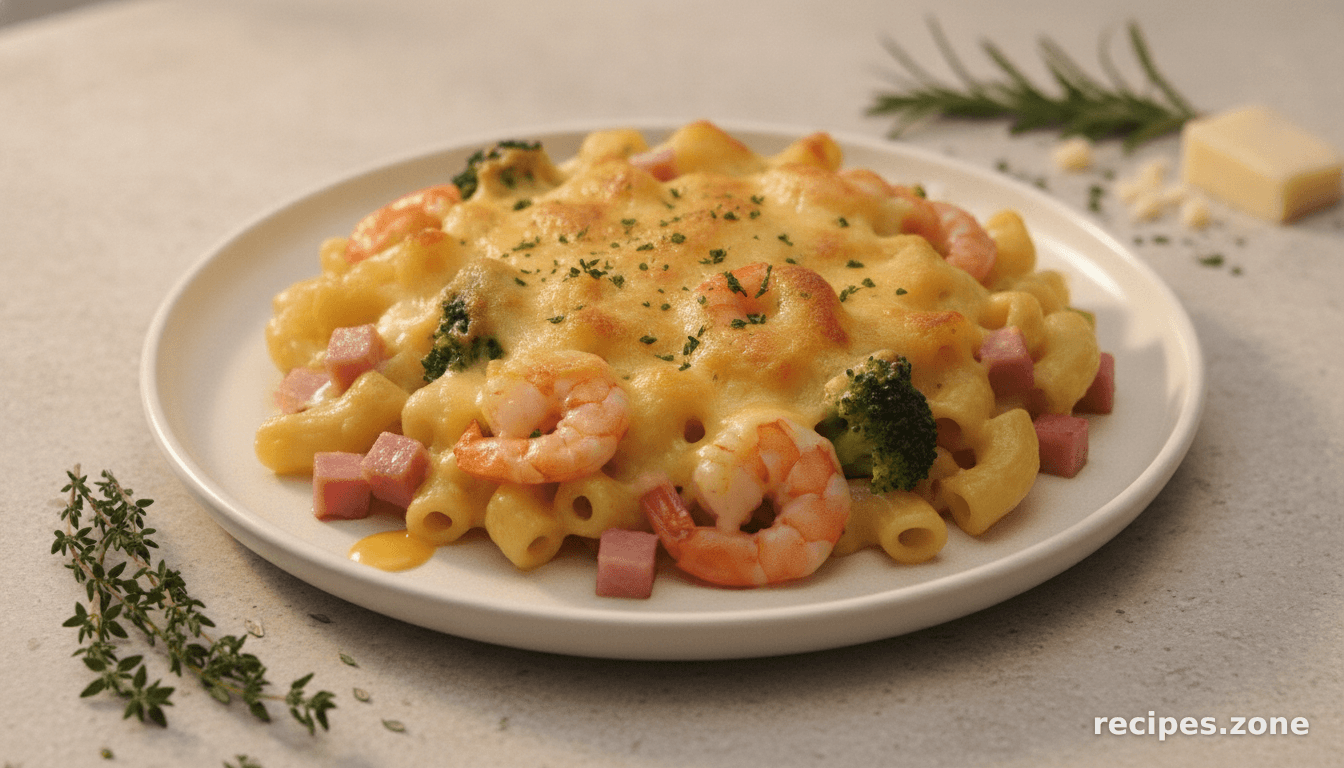Cheesy Ham and Shrimp Macaroni Au Gratin