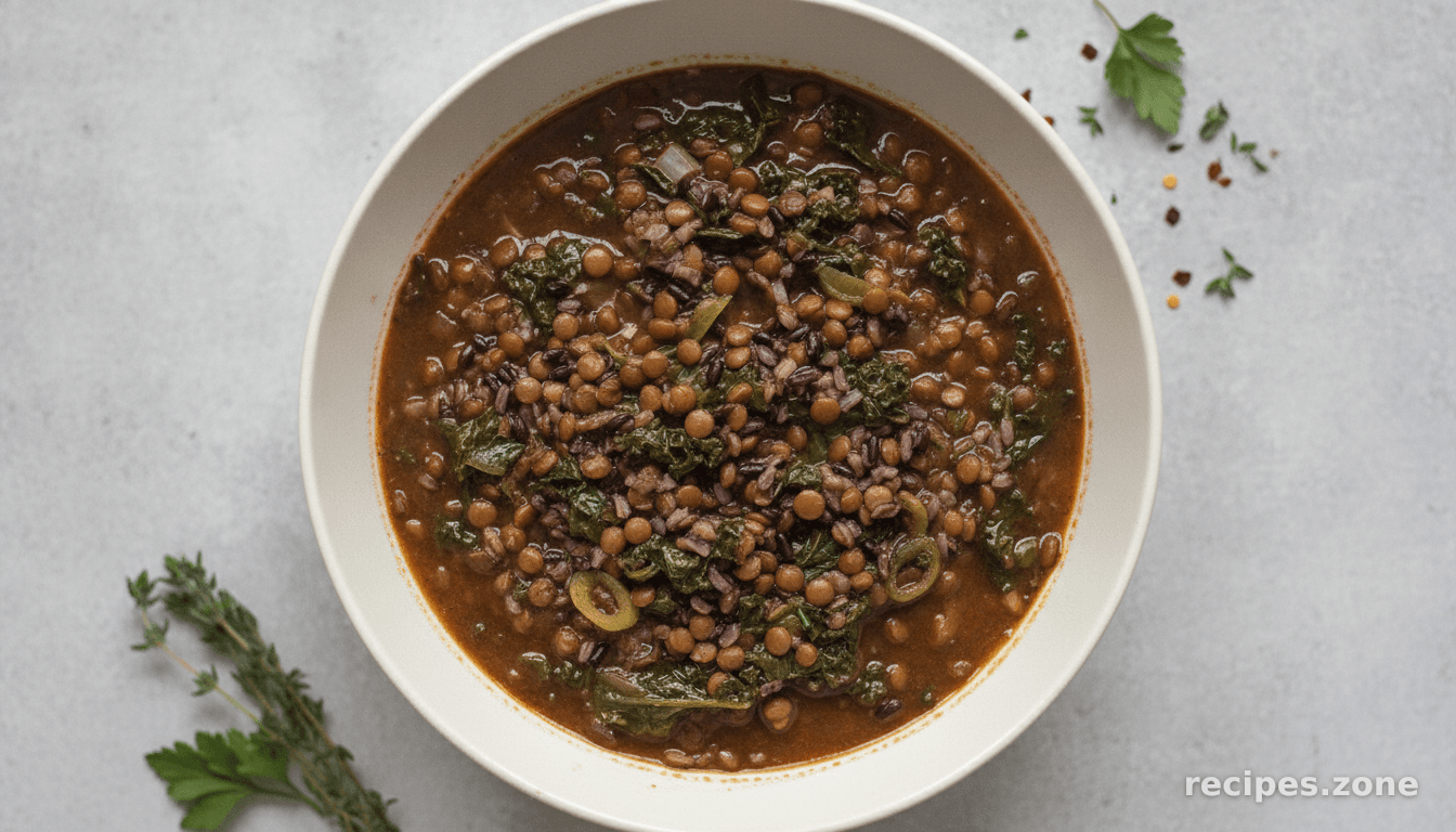 Spicy lentil and black rice soup with kale, spinach and leek