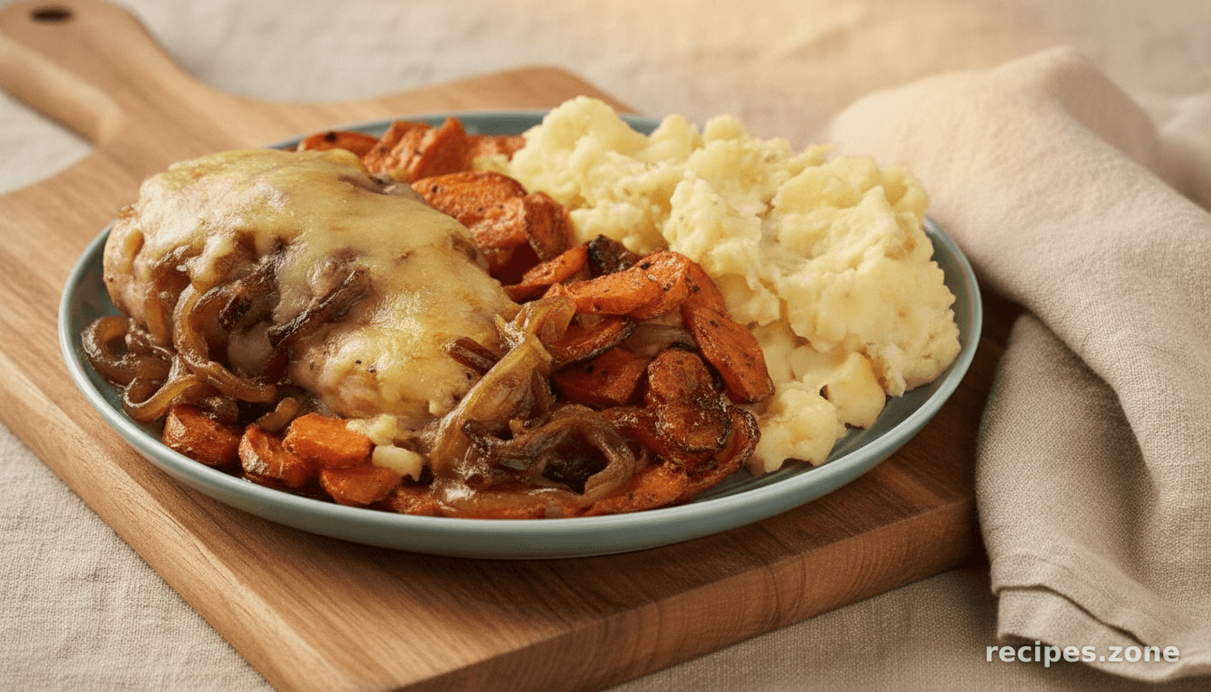 French Onion Chicken with Roasted Carrots & Mashed Potatoes