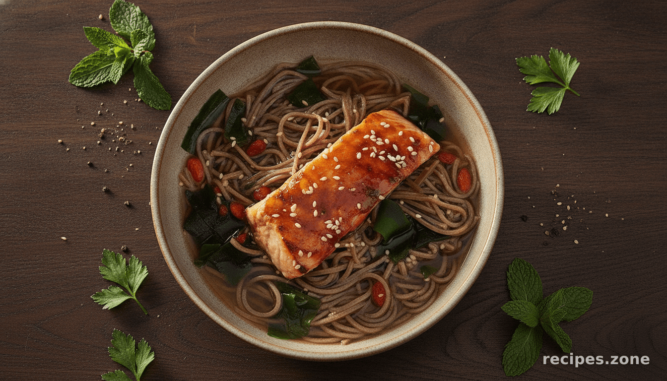 Soba Noodle In Kombu Dashi With Teriyaki Salmon