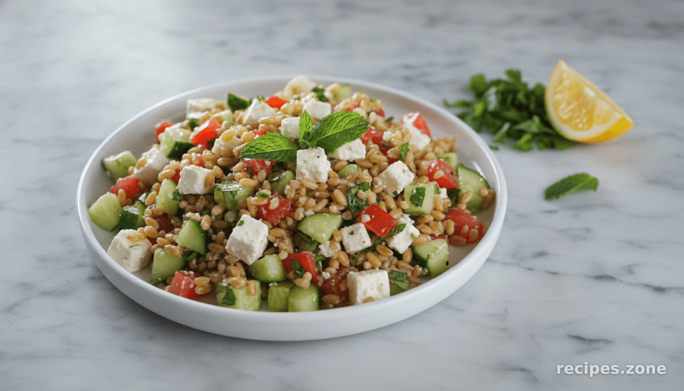 Farro Salad With Tomatoes, Cucumber, Mint and Feta