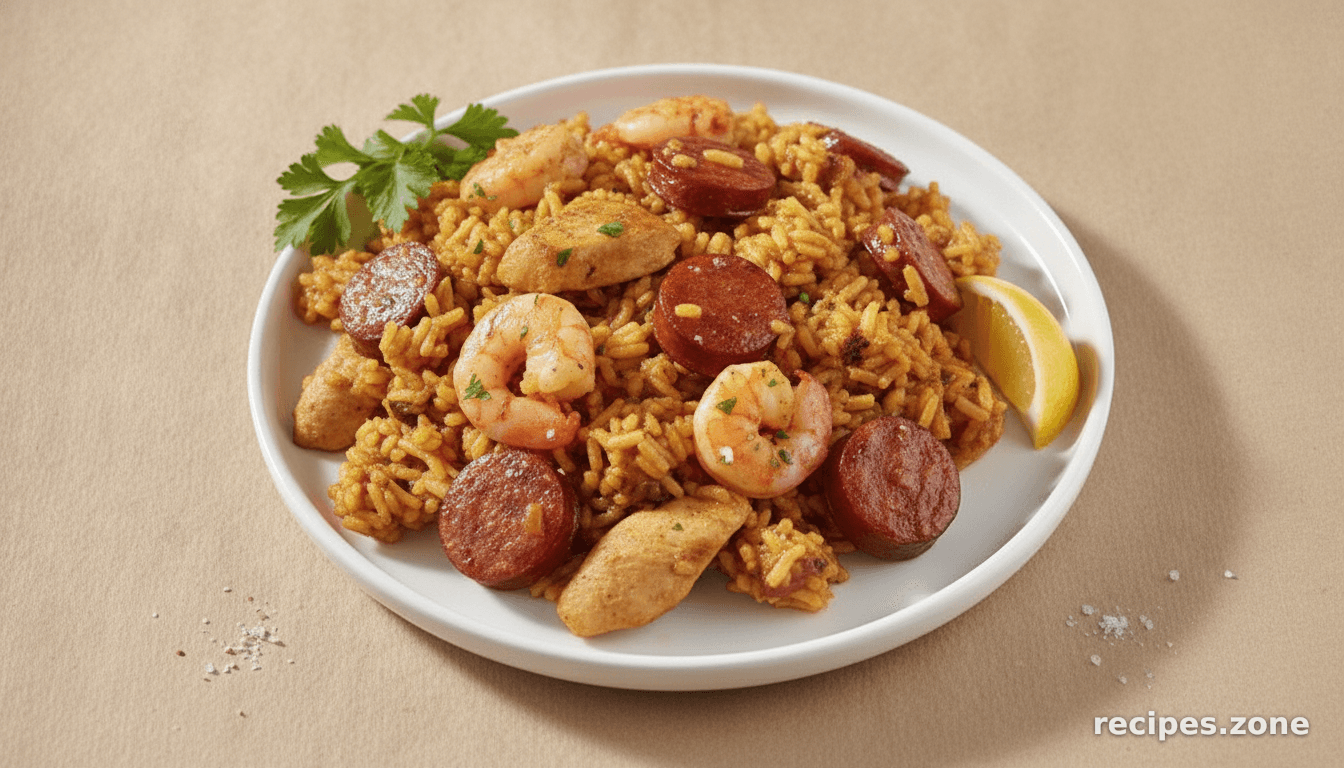 Easy Chicken, Kielbasa and Shrimp Paella