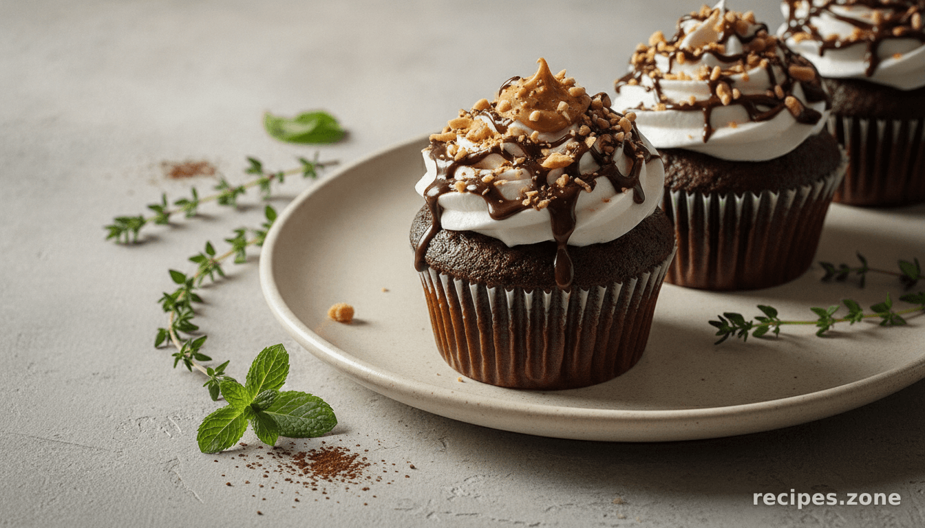 DAIRY-FREE COCOA CUPCAKES WITH PEANUT BUTTER FILLING, MARSHMALLOW FROSTING
