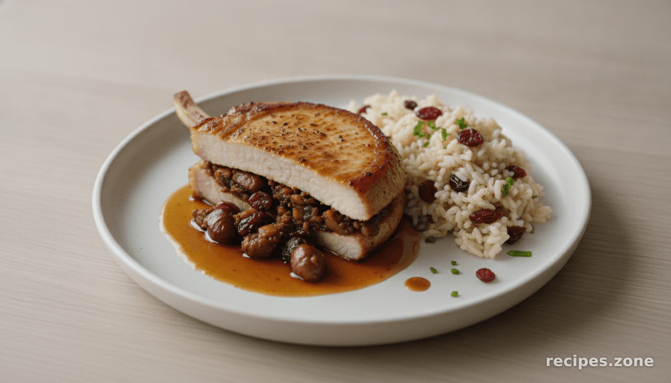 Pork Chops With Dried Cranberries, Mushrooms and Chestnut Stuffing