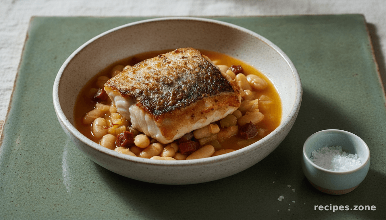 Pan-fried hake, white bean & chorizo broth