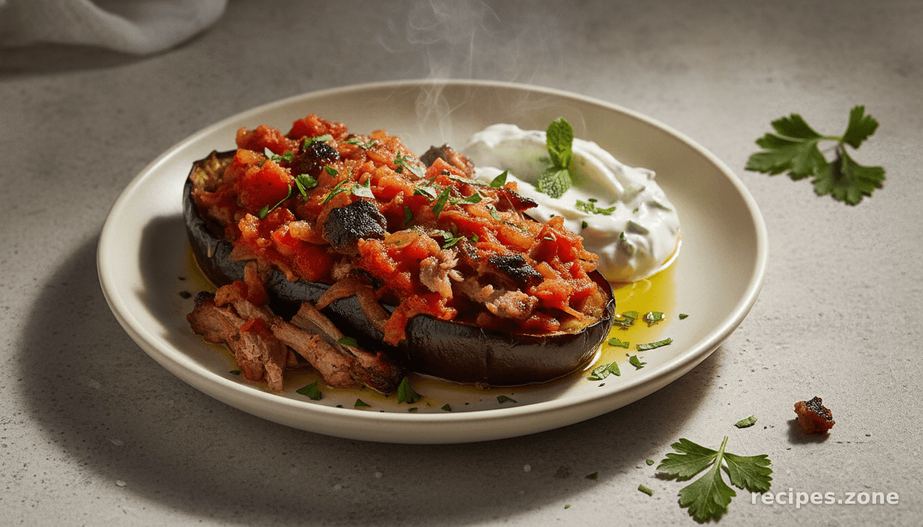 Imam bayildi with BBQ lamb & tzatziki