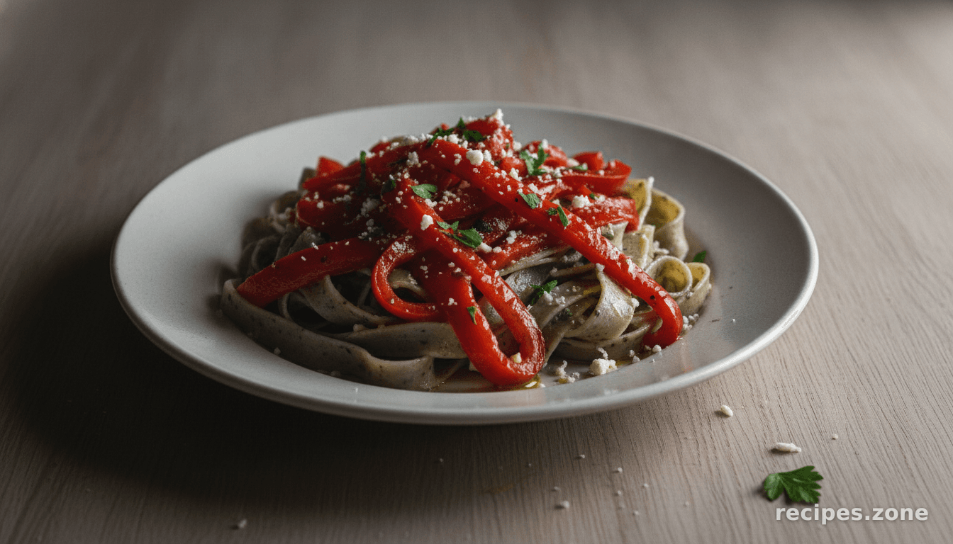 Basil Tagliatelle with Roasted Red Bell Pepper Salad