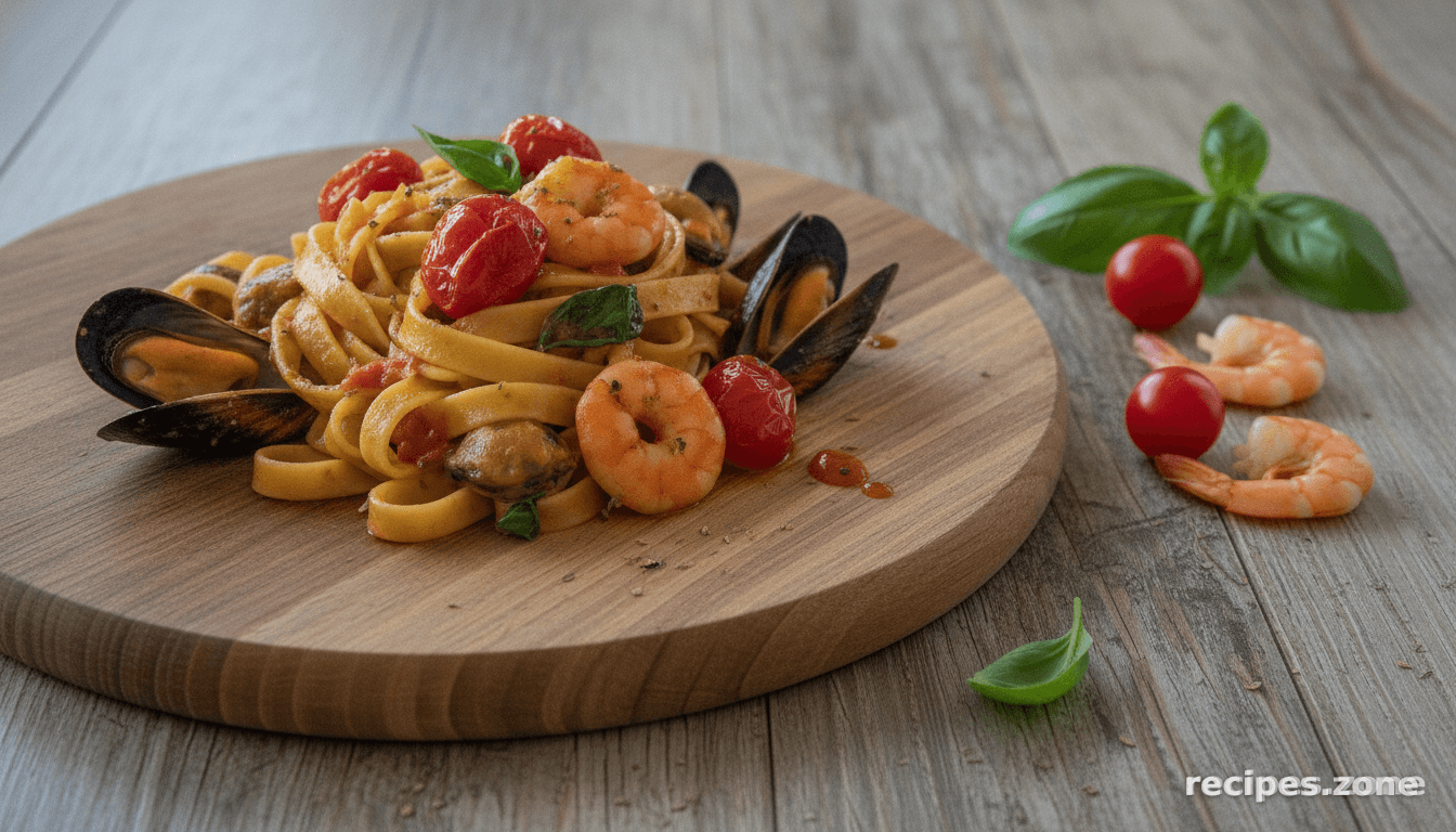 Fettuccine with shrimp, mussels and cherry tomatoes