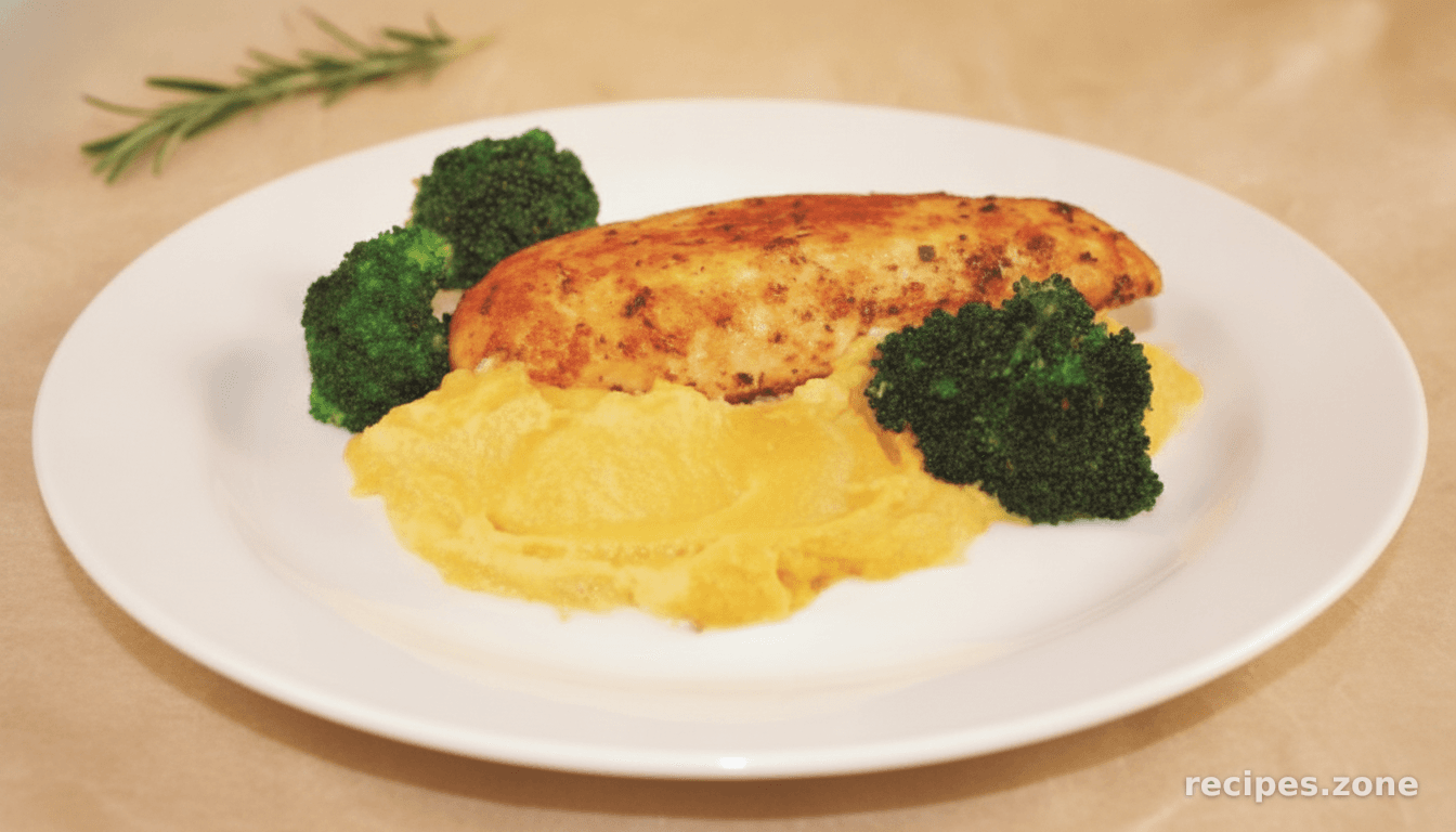 Herb chicken with sweet potato mash and sautéed broccoli