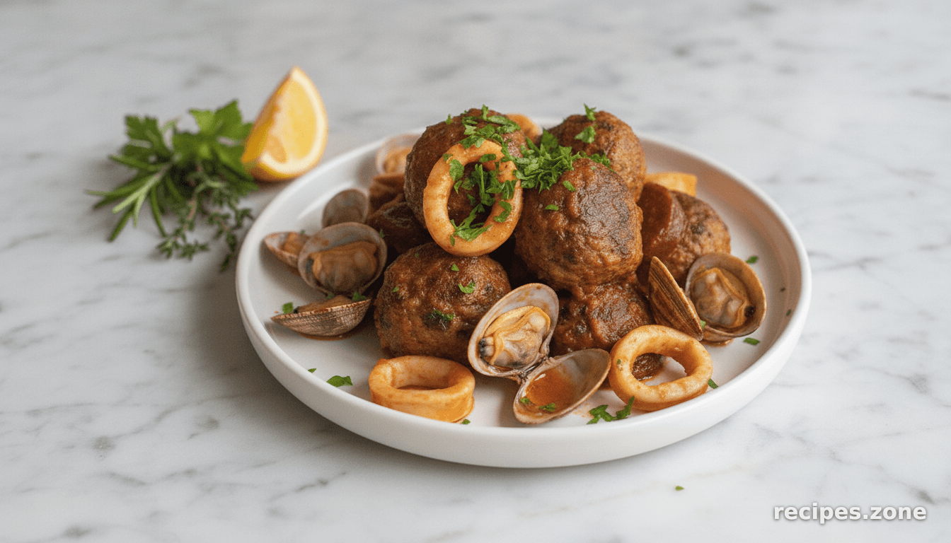 Spanish meatballs with clams, chorizo & squid