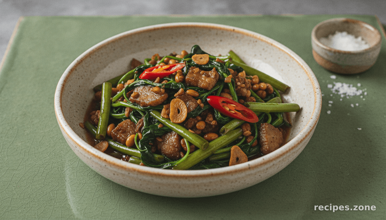 Cambodian Stir-fried Morning Glory with Pork, Fermented Soybeans, and Garlic