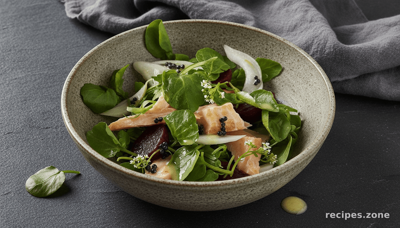Salmon, Watercress, Fennel and Baby Beetroot Salad With Lemony "Caviar" Dressing