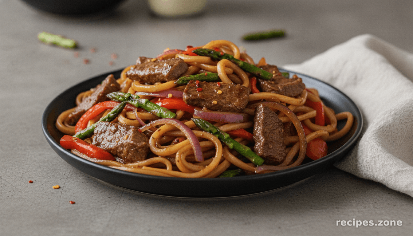 Spicy Beef, Pepper & Asparagus Udon Noodles
