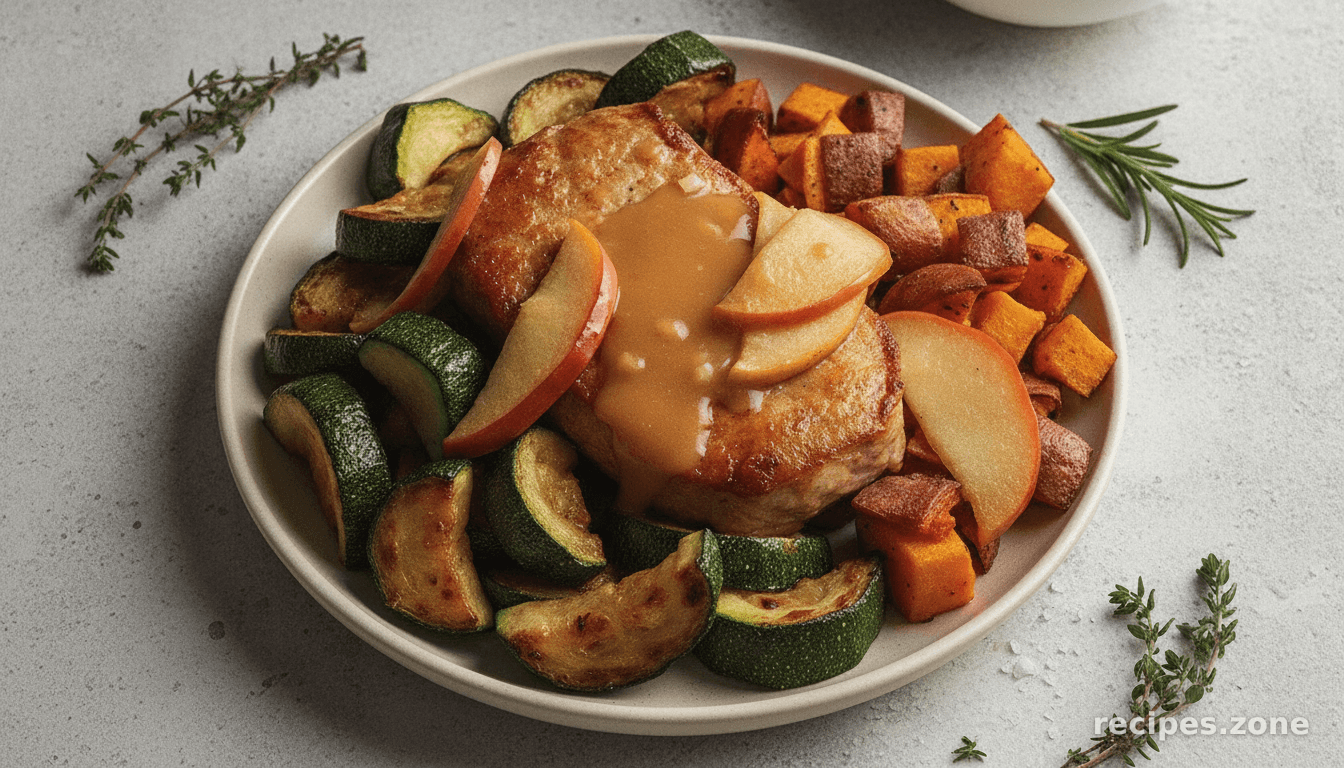 Skillet Apple Pork Chops with Roasted Sweet Potatoes & Zucchini