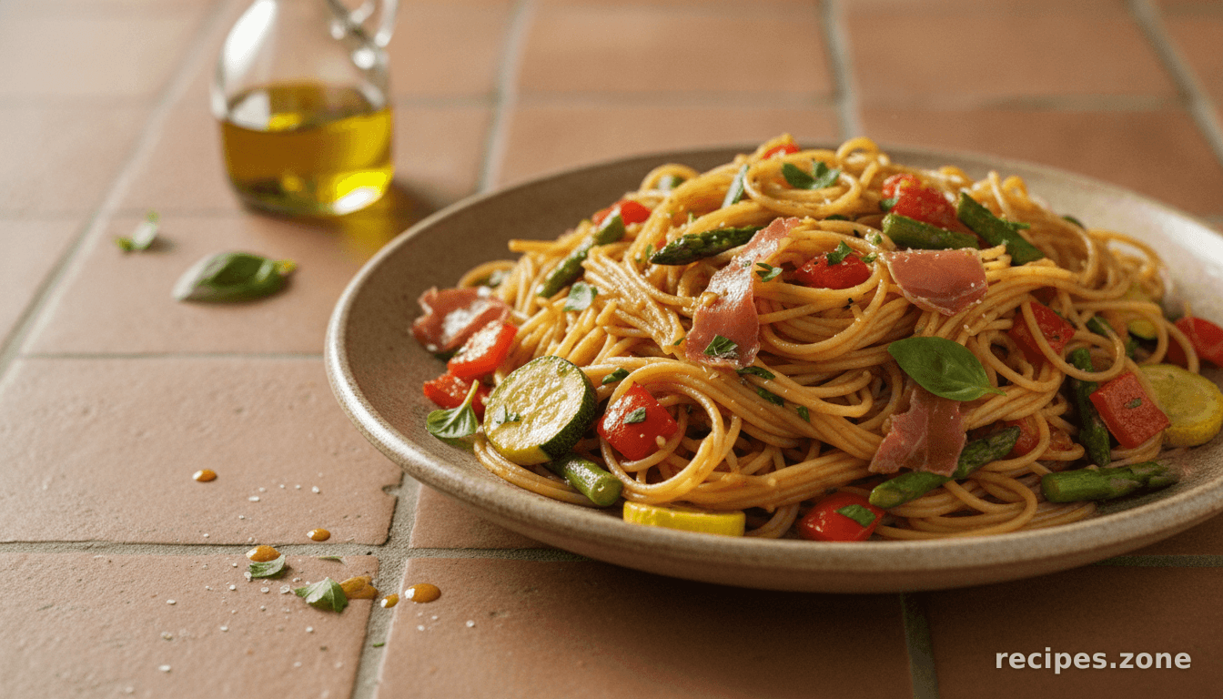 Spaghetti Pasta Salad with Roasted Vegetables and Prosciutto