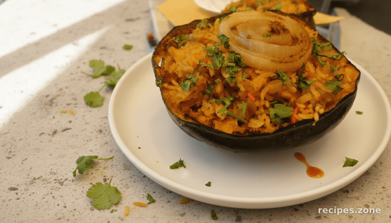 Roasted Acorn Squash Stuffed with spicy Biryani (Veg/vegan)