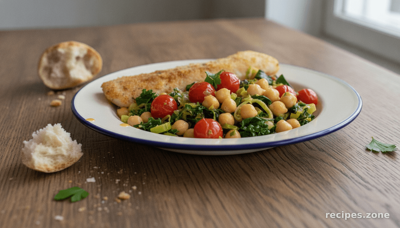 Cod with Chickpeas, Leeks, Baby Kale and Seared Cherry Tomatoes