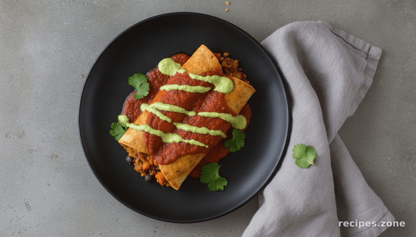 Black Bean and Sweet Potato Enchiladas with Avocado Cream Sauce