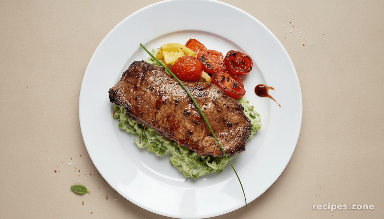 Strip steak with roasted cherry tomatoes and vegetable mash
