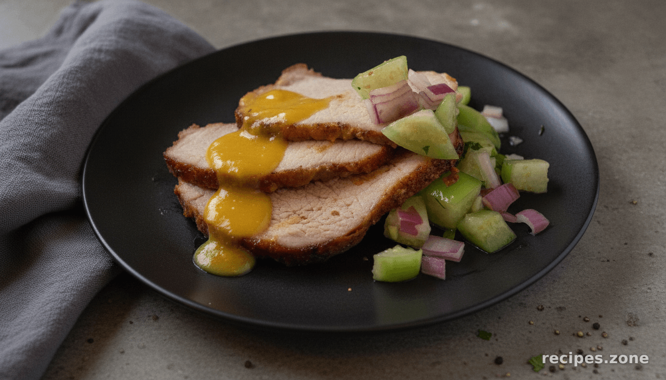 Pork Tenderloin With Mango-Kiwi Glaze Served With Tomatillo Salsa