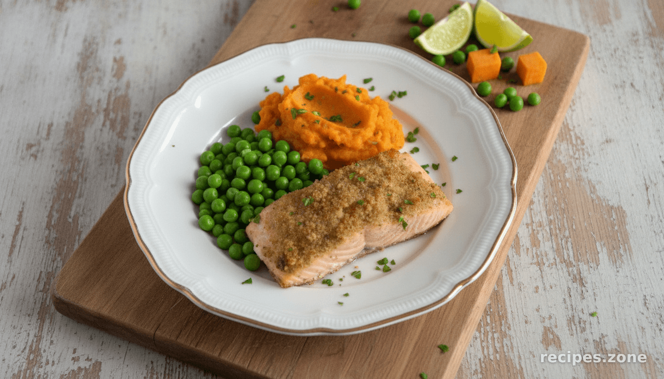 Salmon with Lime Crust, Peas, and Sweet Potatoes