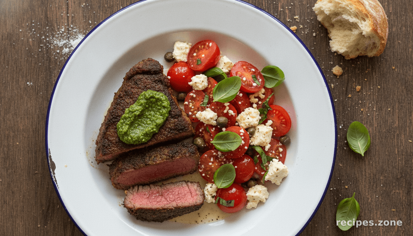 Steaks with pesto, tomatoes and feta cheese