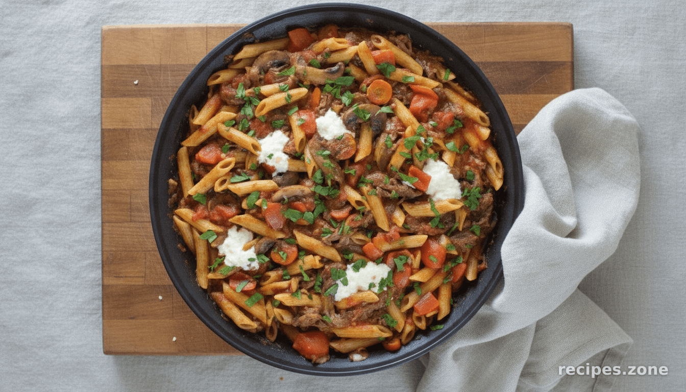 Crock-Pot Beef Ragu with Penne and Ricotta