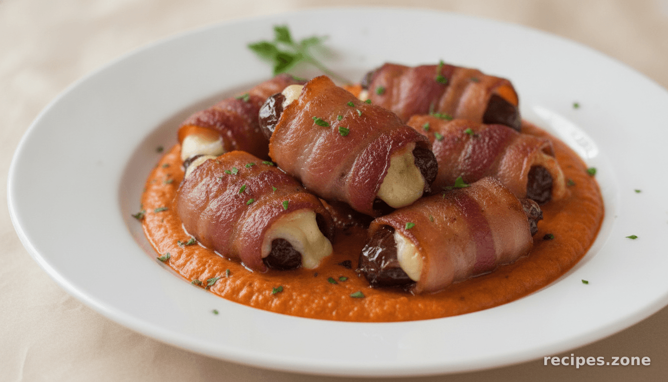 Bacon Wrapped Dates with Manchego, Romesco Sauce