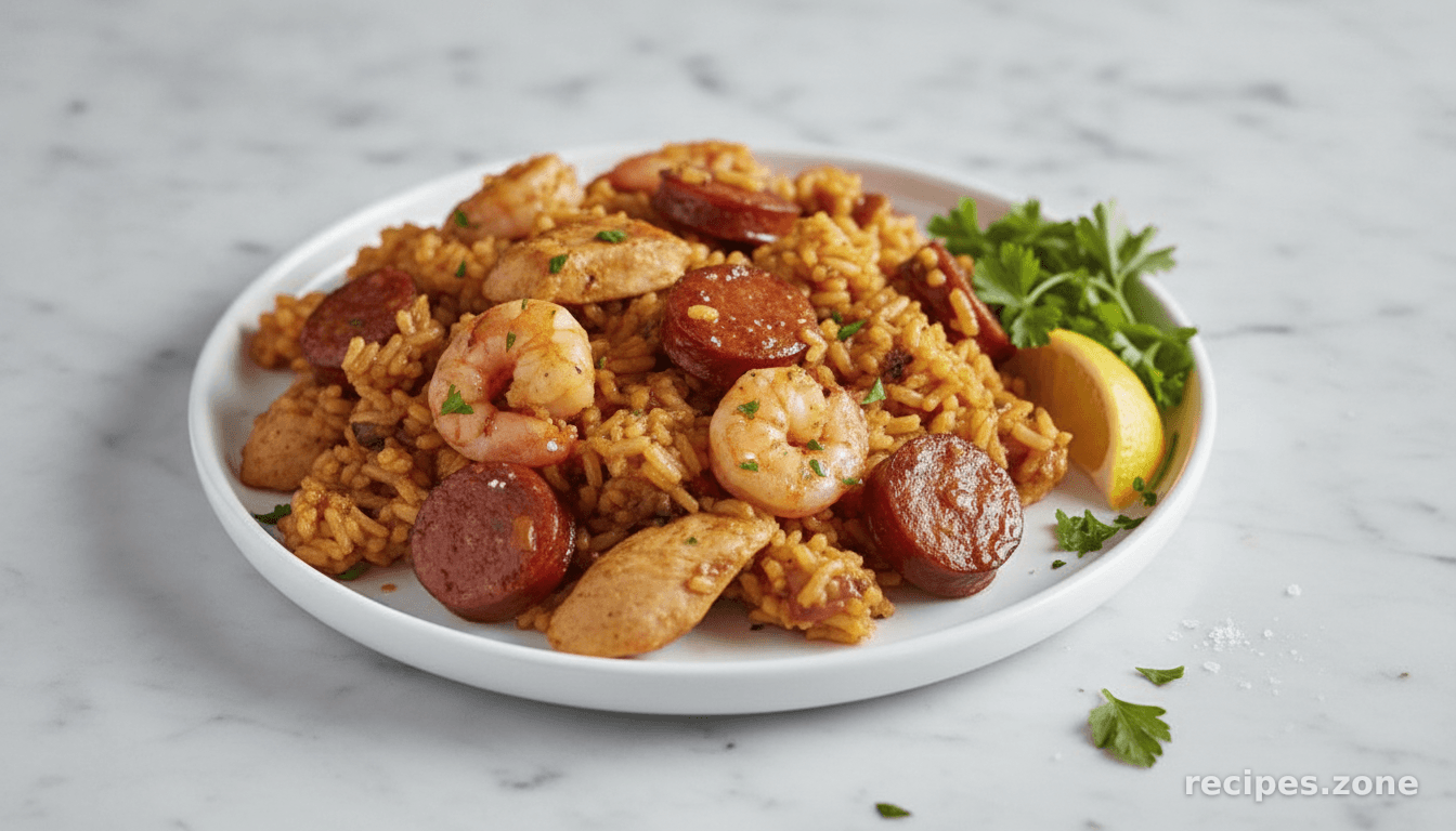 Easy Chicken, Kielbasa and Shrimp Paella
