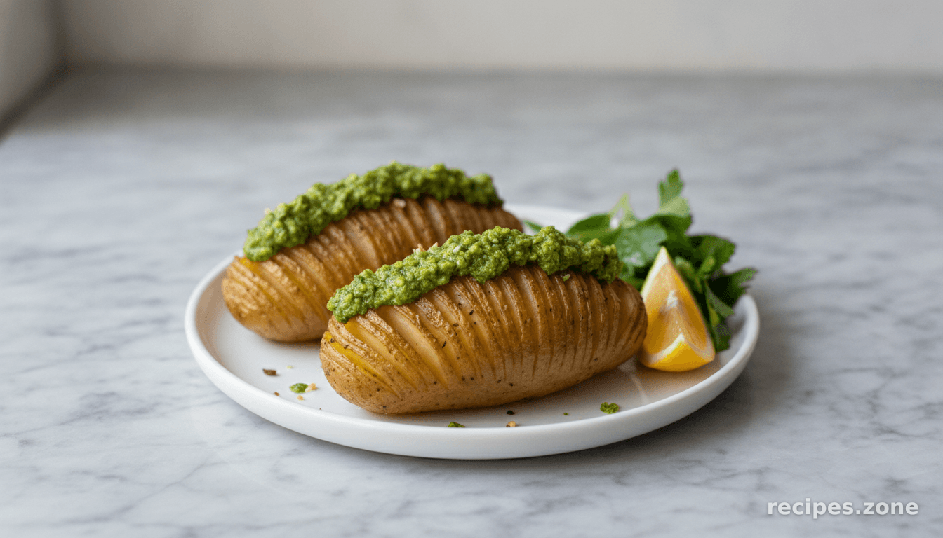 Hasselback Potatoes with Macadamia Nut Pesto