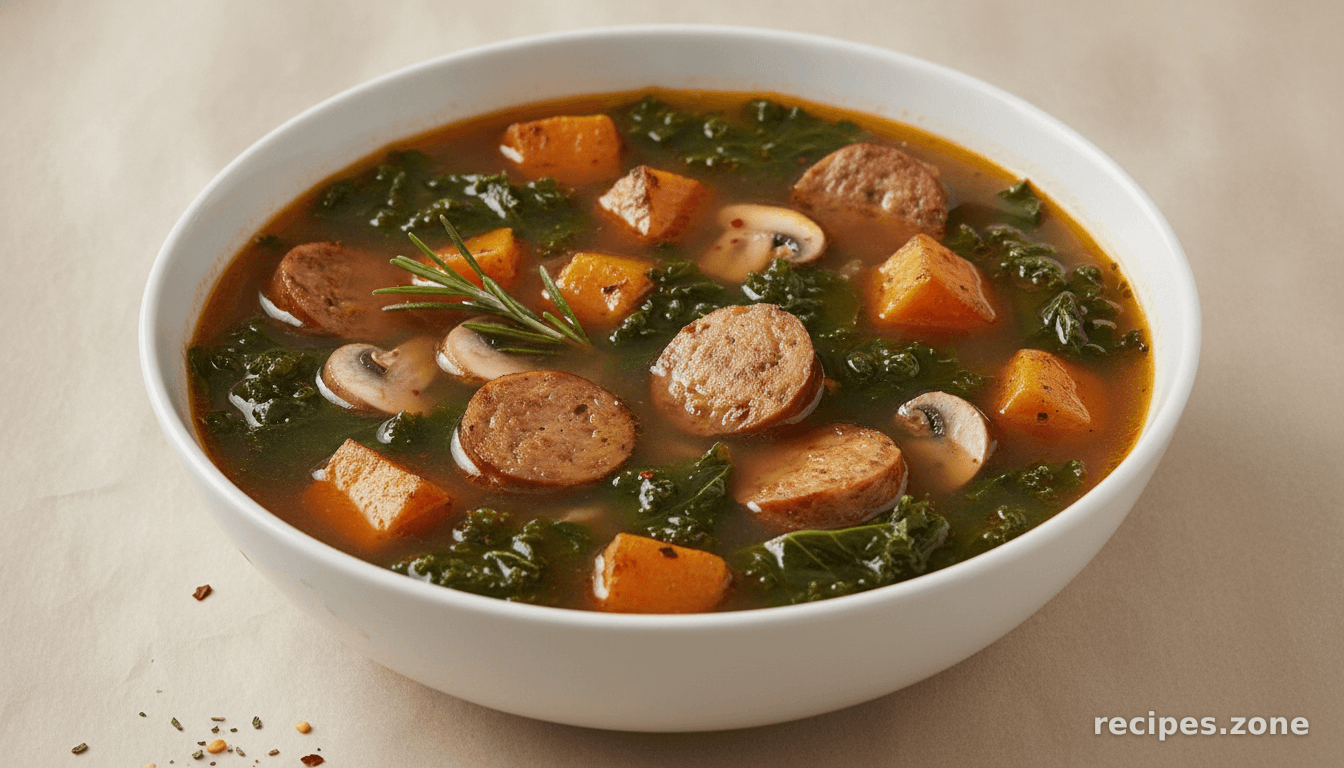 Kale and Roasted Sweet Potato Soup with Chicken Sausage
