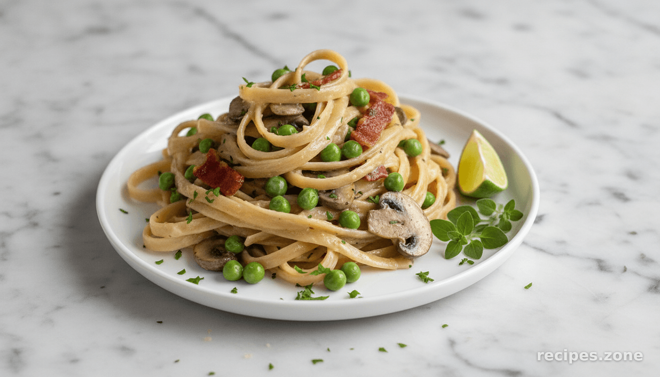 Fettuccine With Bacon Mushroom and Peas