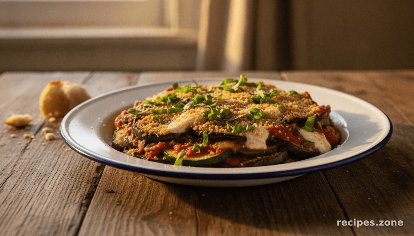 No-Breadcrumb Eggplant, Zucchini and Mushroom Parmesan Bake