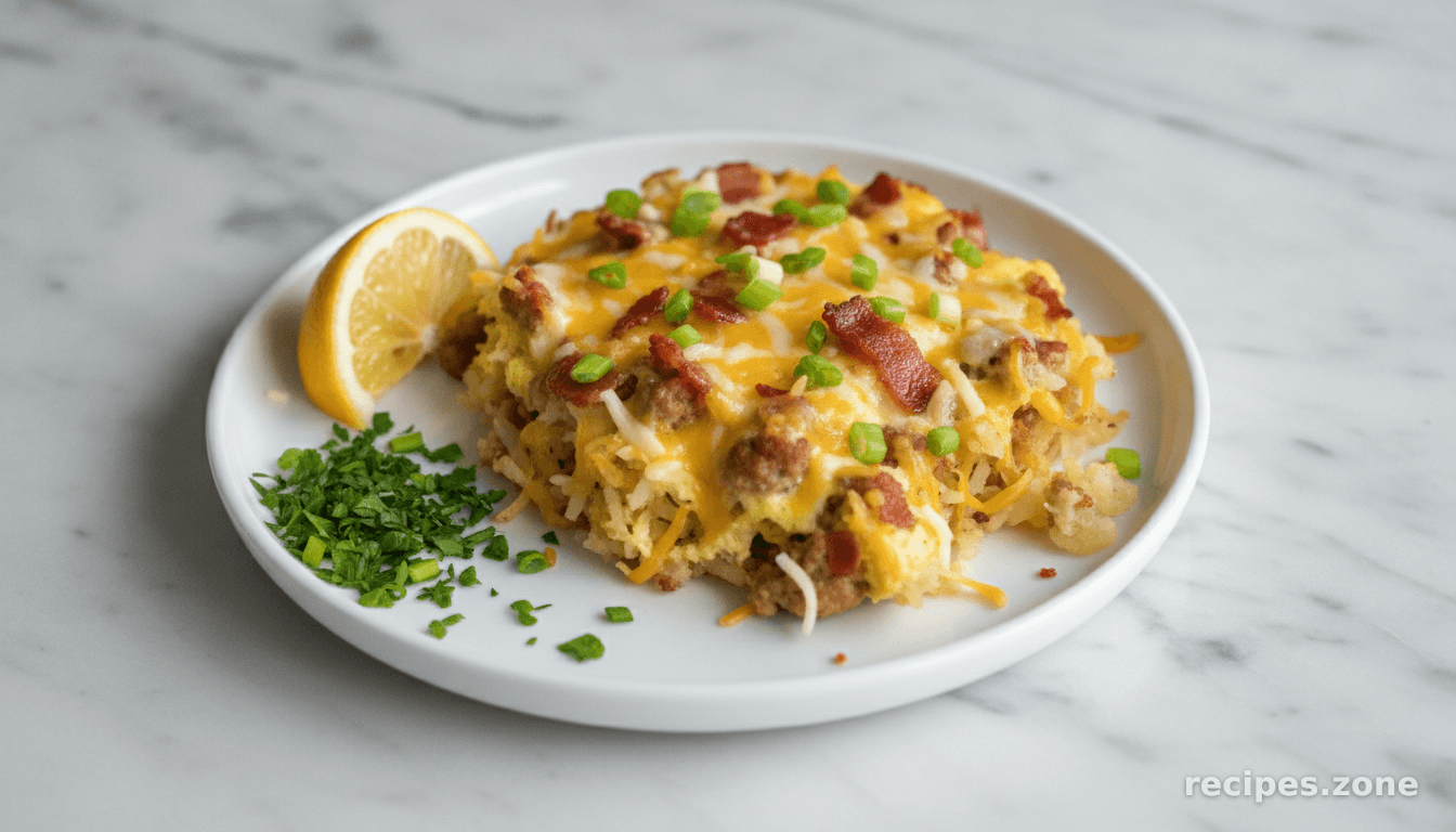Cheesy Bacon Sausage Egg Hash Brown Skillet