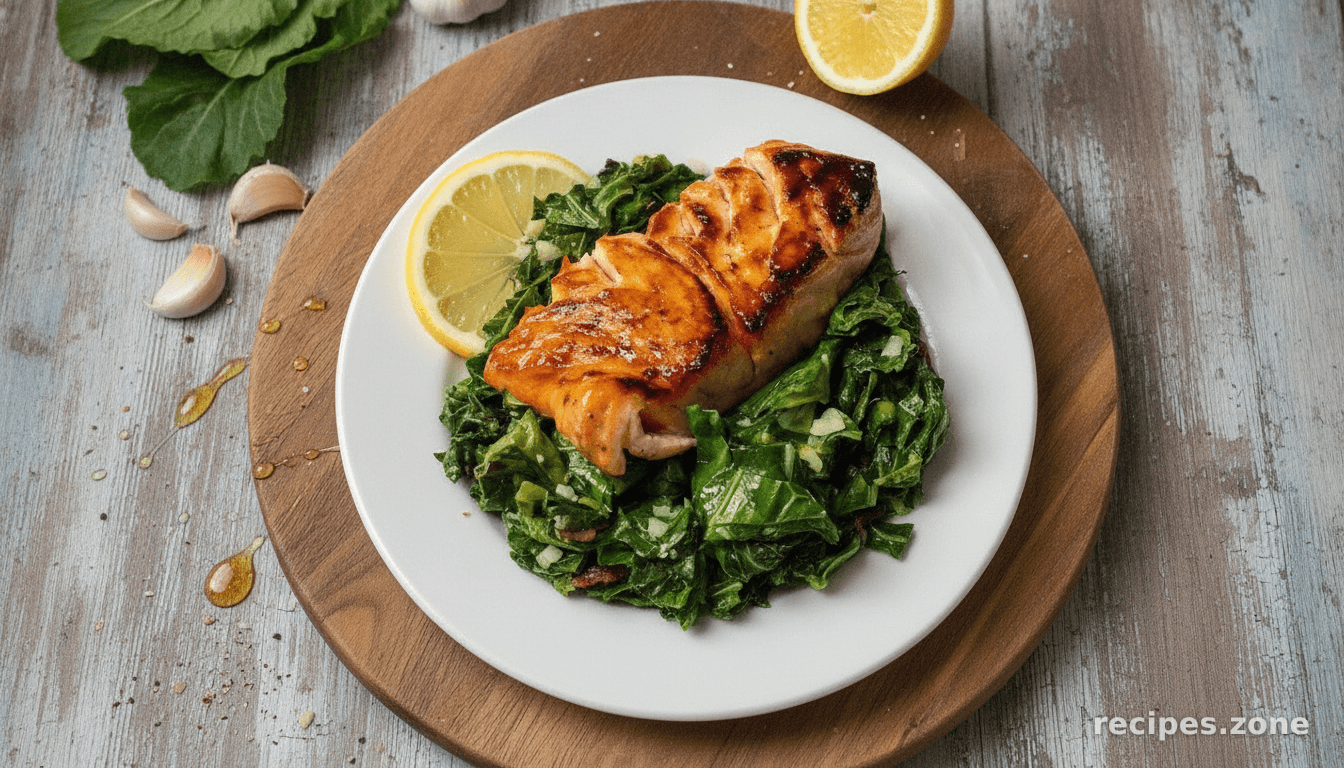 Pan-Seared Honey Glazed Salmon with Collard Greens