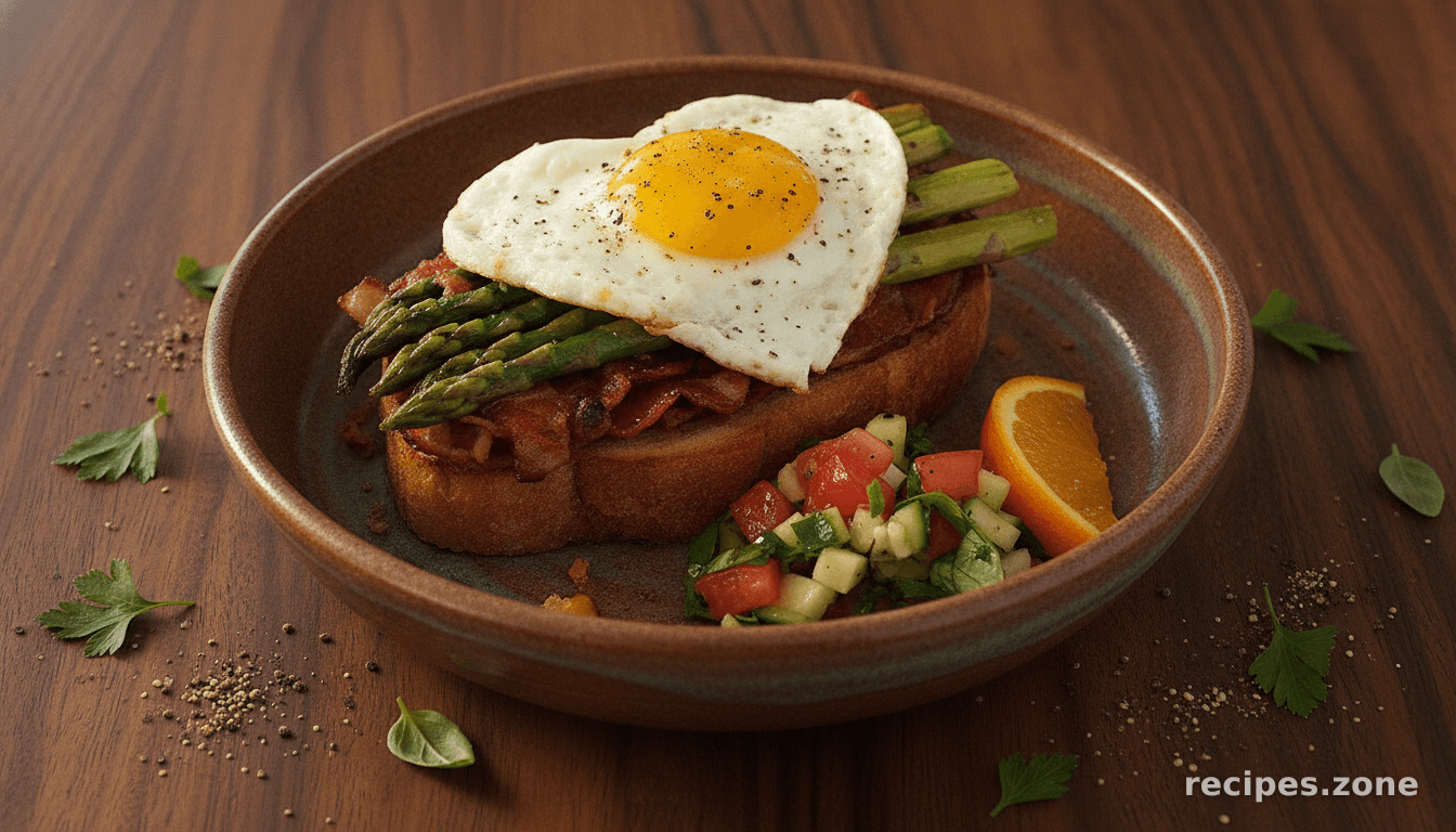 Open-Face Egg Sandwich with Bacon, Asparagus, and Pesto