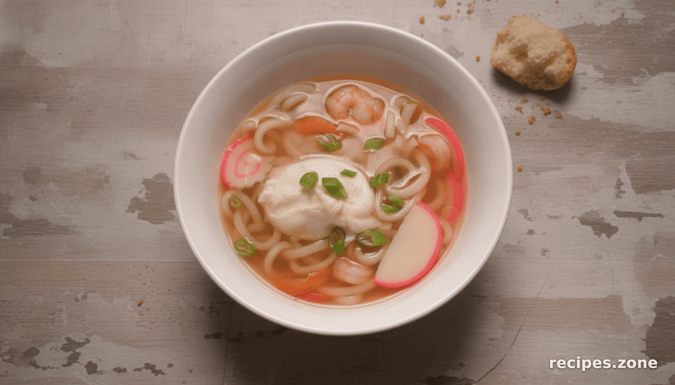 Shrimp Udon w Fish Cakes & Poached Egg