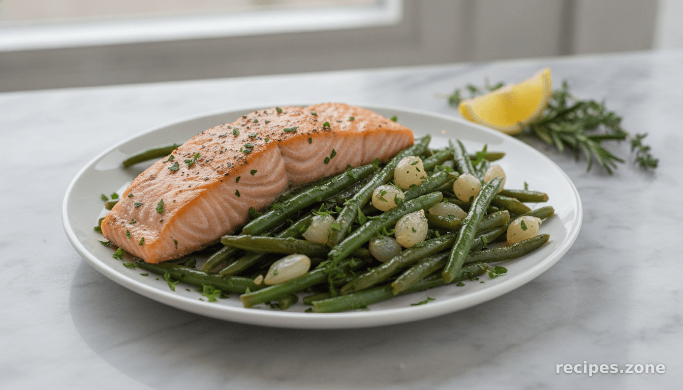 Green Beans with Pearl Onions and Salmon
