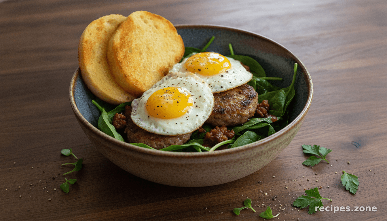 Sausage, Spinach, and Quail Egg Breakfast Salad
