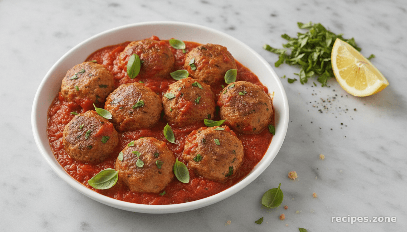Meatballs with basil and roasted pepper sauce