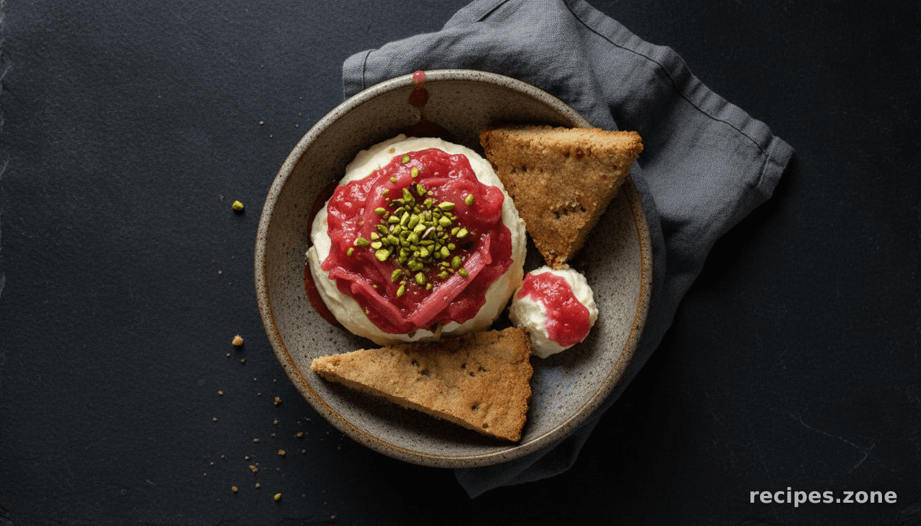 Chevre Cheesecake With Rhubarb Compote and Candied Pistachios