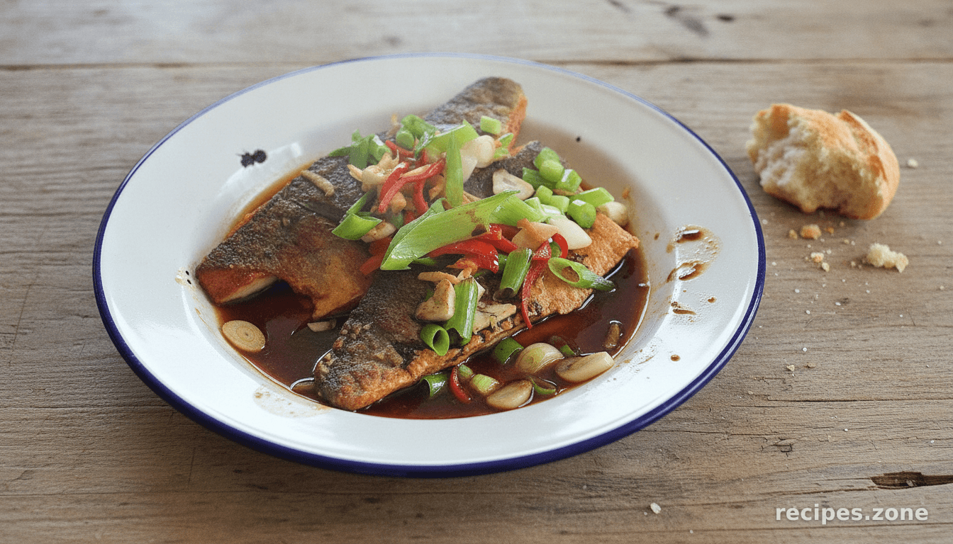 Sea bass with sizzled ginger, chilli & spring onions