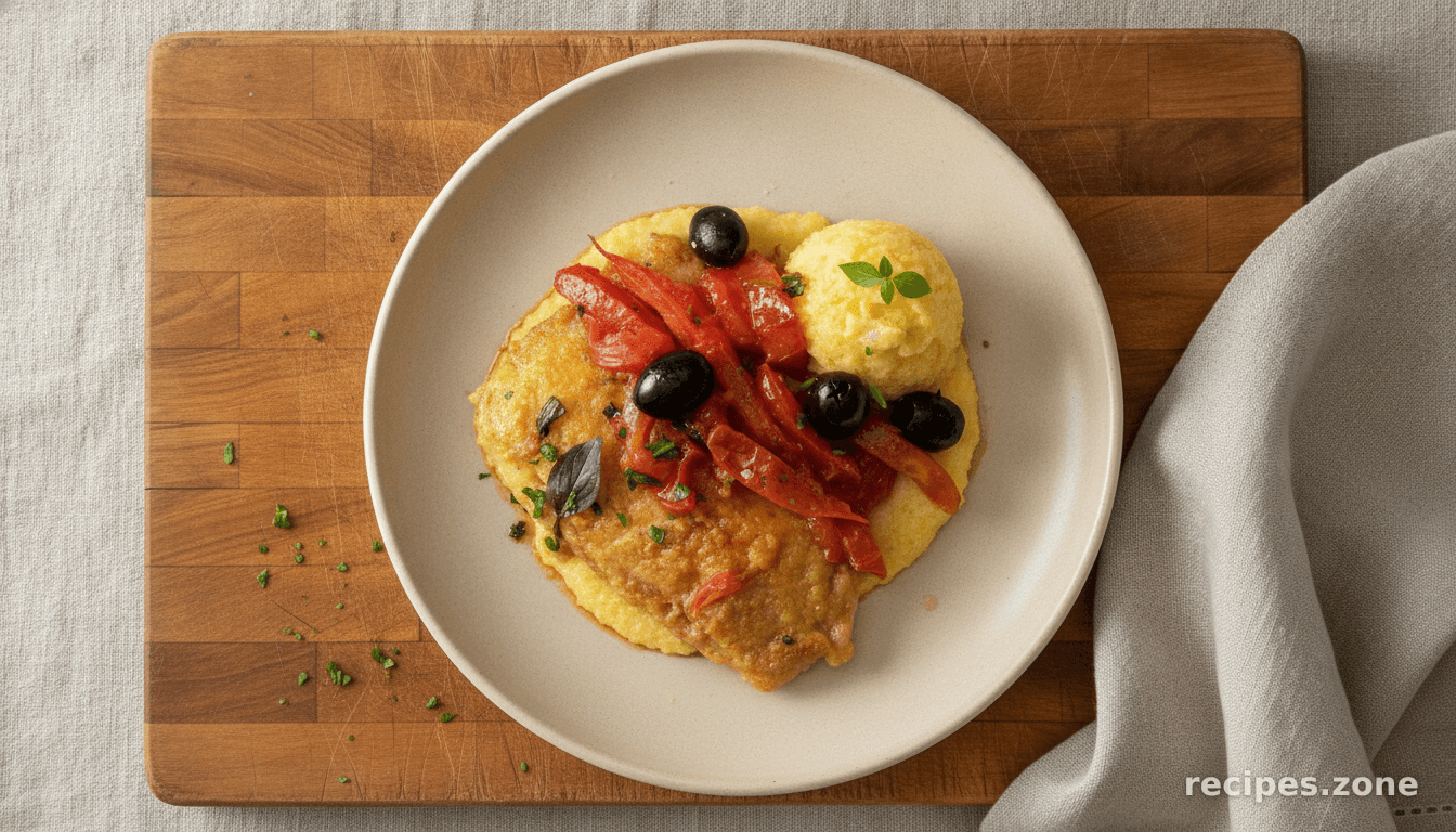 Cod with tomatoes, olives and polenta